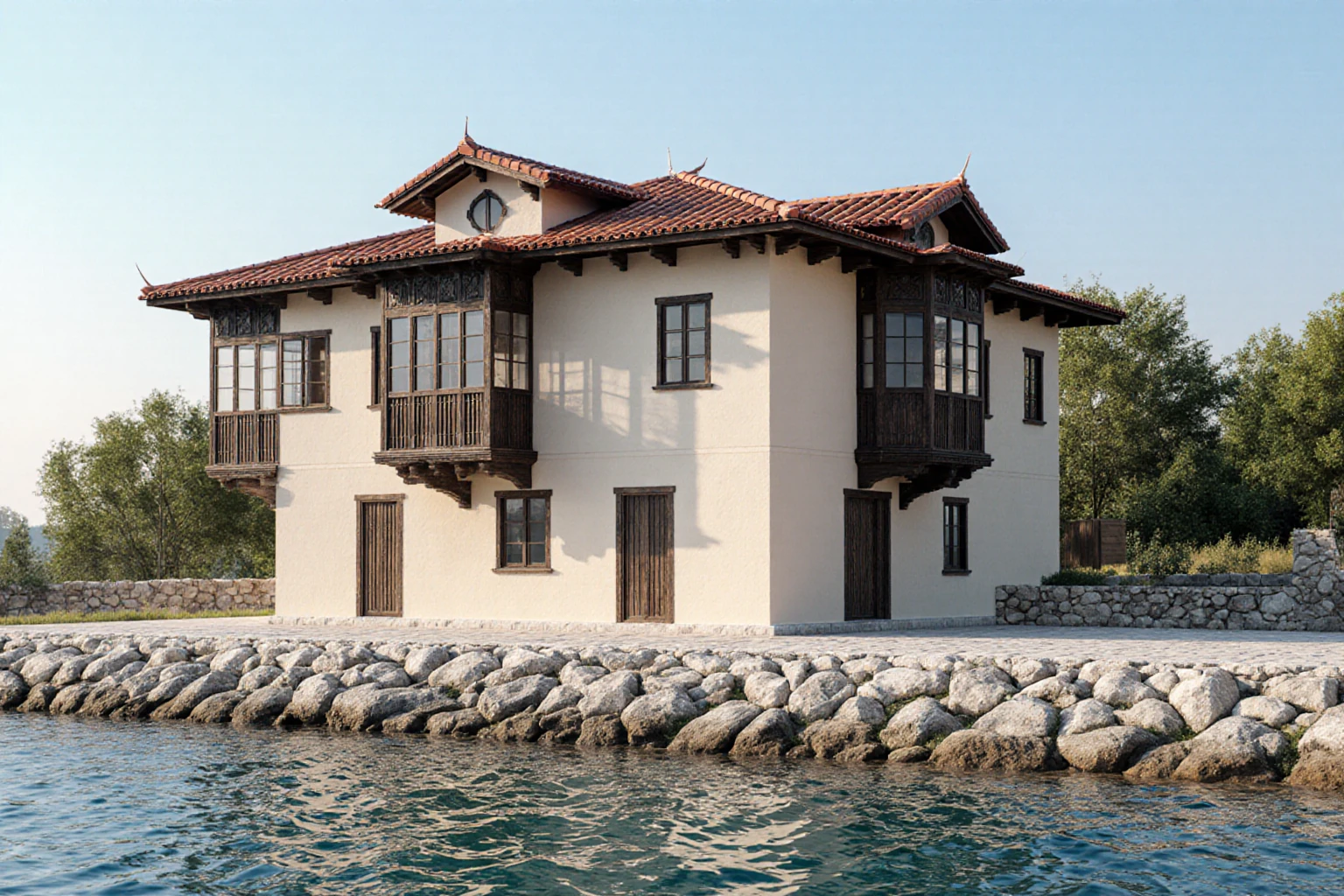 Waterside house with wooden bay windows and a broad tiled roof