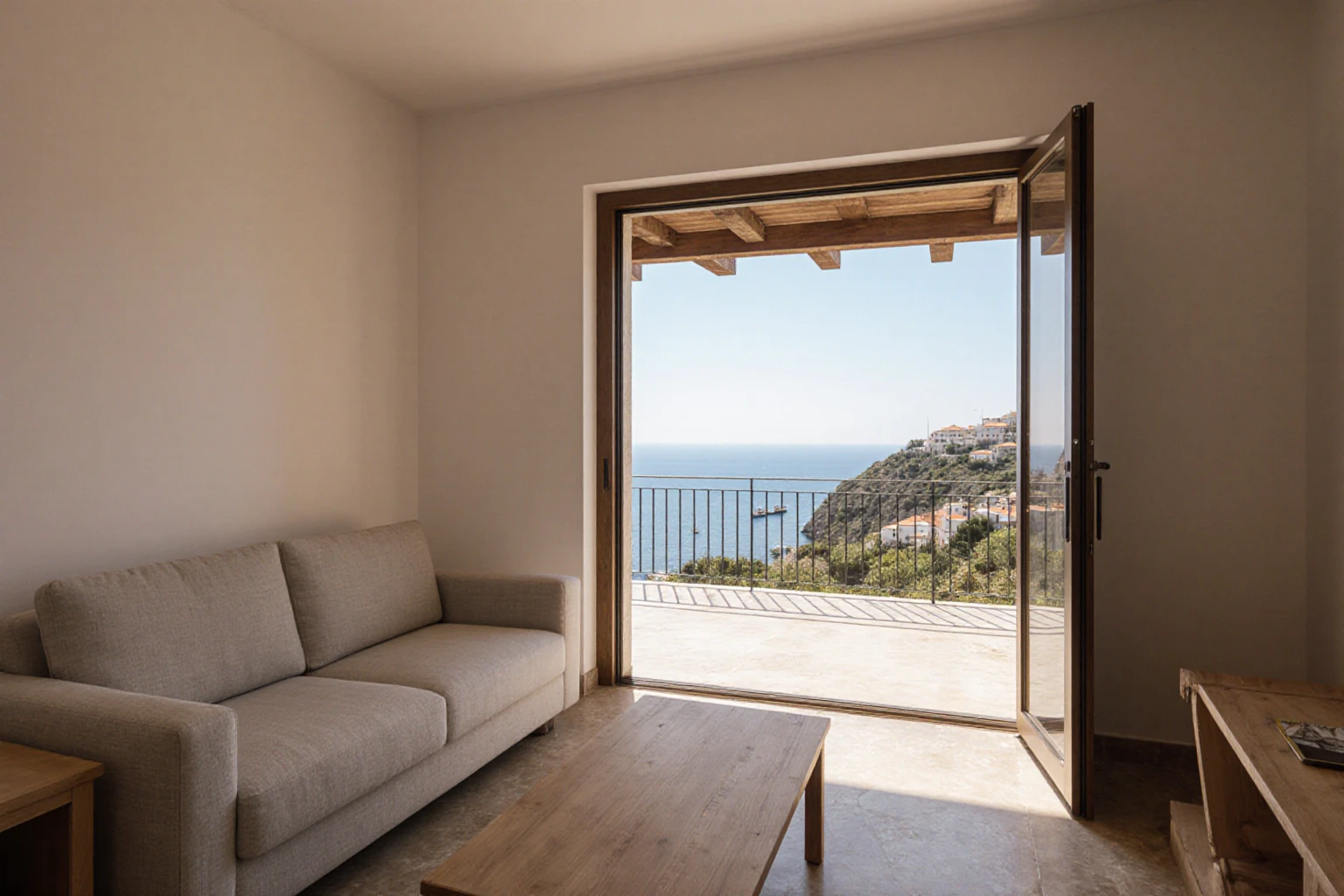 Bright living room with a covered terrace overlooking coastal housing and the sea